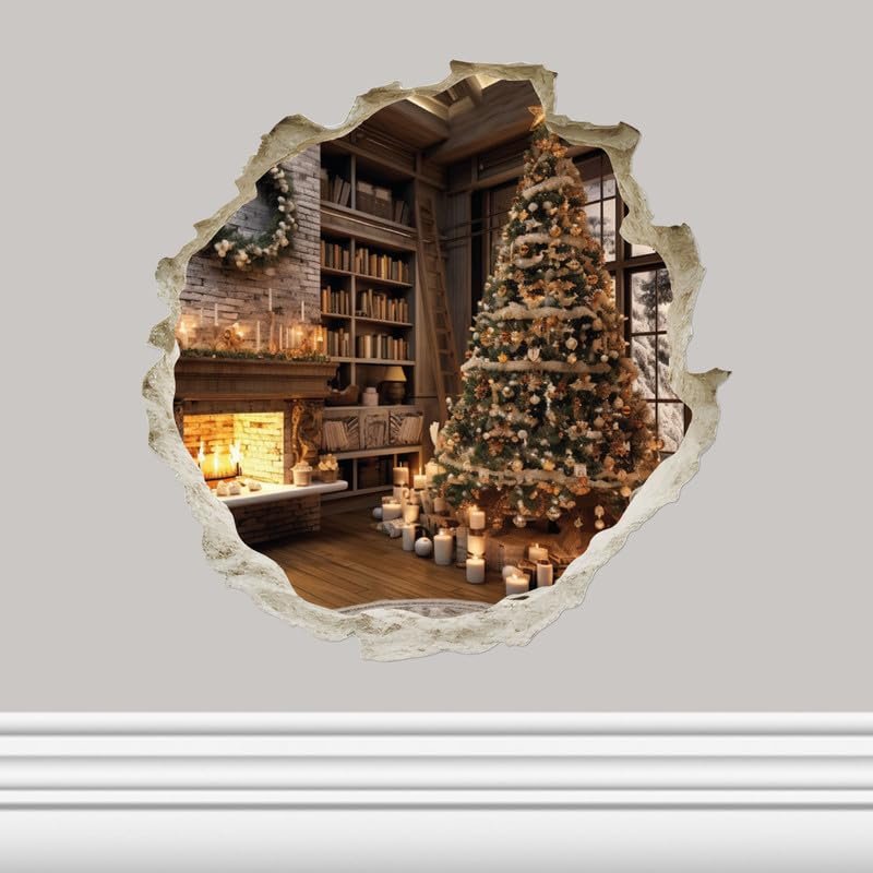 Christmas Tree in Hole Sticker - 3D Hole Wall Decal, Kids Room, Classroom, Home, Bedroom, Livingroom, Bookcase, Size - 5'' X 5''