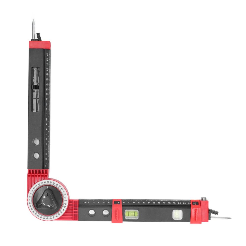 Cutting Angle Gauge, Miter Saw Protractor with 2 Scribing Needles Angle Measurement Finder Cutting Tool with Bubble, Protractors (Black Red)