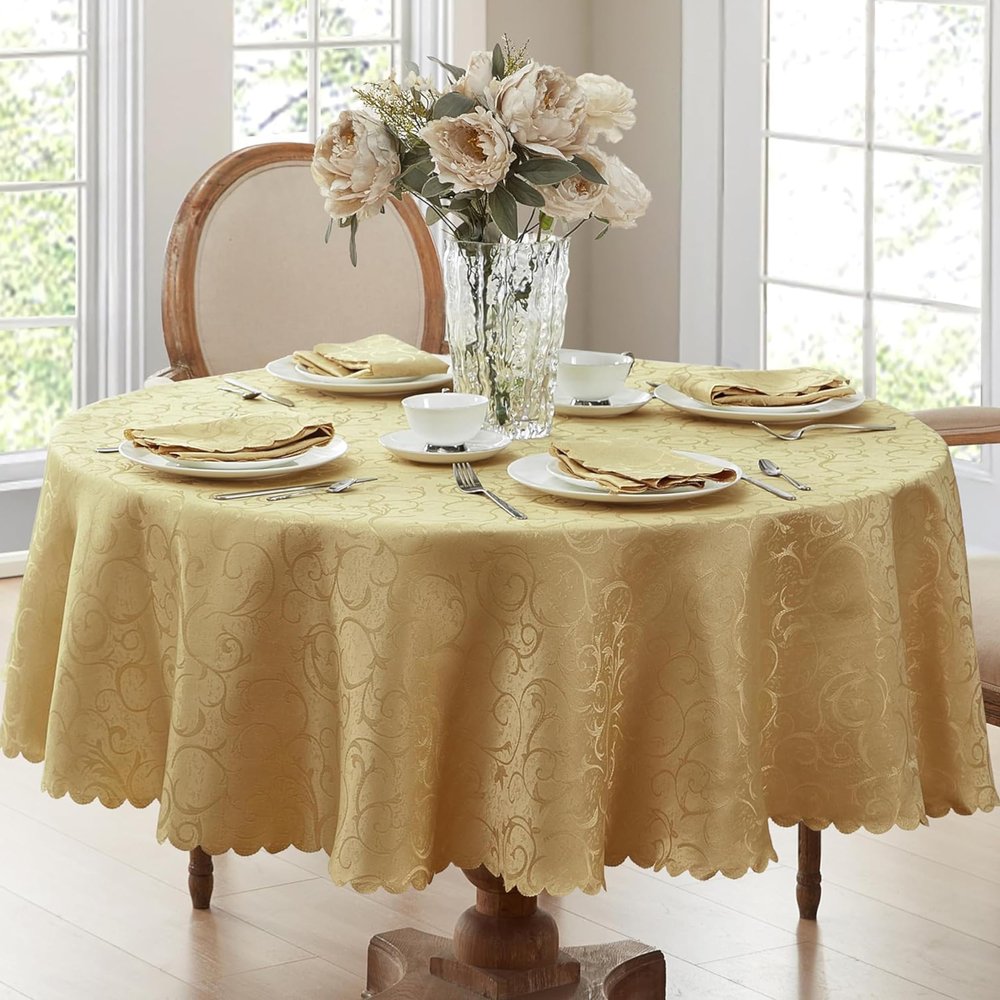 Newbridge Spring and Easter Portofino Scalloped Damask Fabric Tablecloth, 90 Inch Round, Gold, Wrinkle and Stain Resistant Fine Dining Holiday Party Table Cover