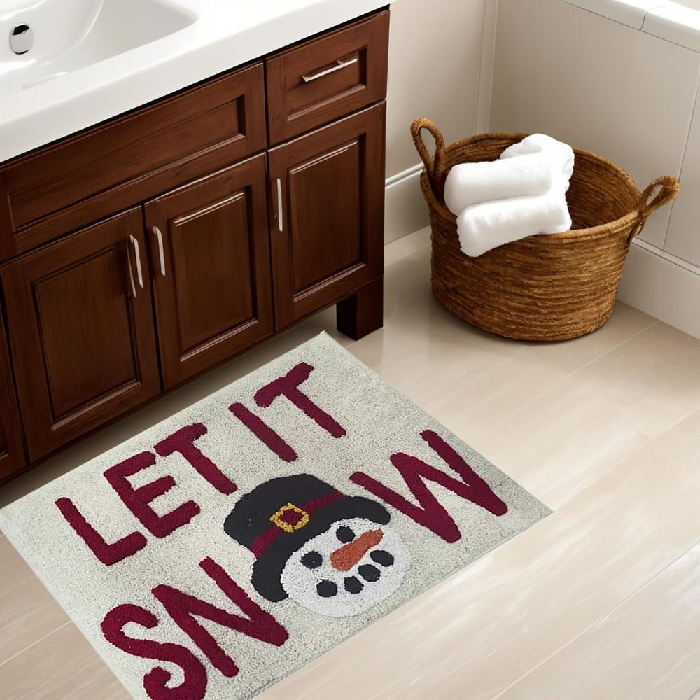 St. Nicholas Square Bathroom Rug, Plush Let It Snow Snowman Themed Bath Mat 20 x 30, Machine Wash