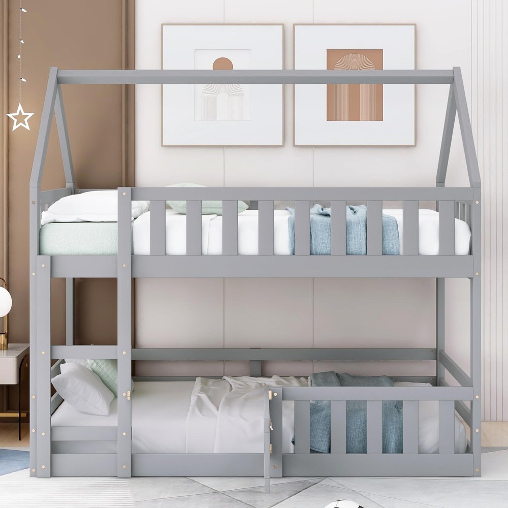 BestLM Twin Over Twin House Bunk Bed with Ladder and Roof, Wood Low Bunk Bed with Fence and Lockable Door for Kids, Teens, Boys, Girls, No Box Spring Needed, Gray