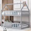 BestLM Twin Over Twin House Bunk Bed with Ladder and Roof, Wood Low Bunk Bed with Fence and Lockable Door for Kids, Teens, Boys, Girls, No Box Spring Needed, Gray view 3