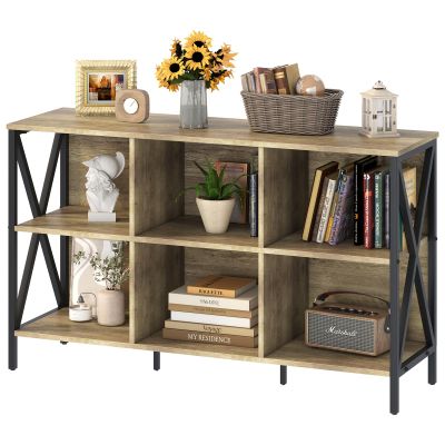 Horizontal Bookshelf Bookcase,6 Cube Storage Organizer with Open Shelf,47 Inch Industrial Low Wide Wood and Metal Cubby shelf,Long shelving unit for Home Office Living Room(Rustic Oak,6 Cube)