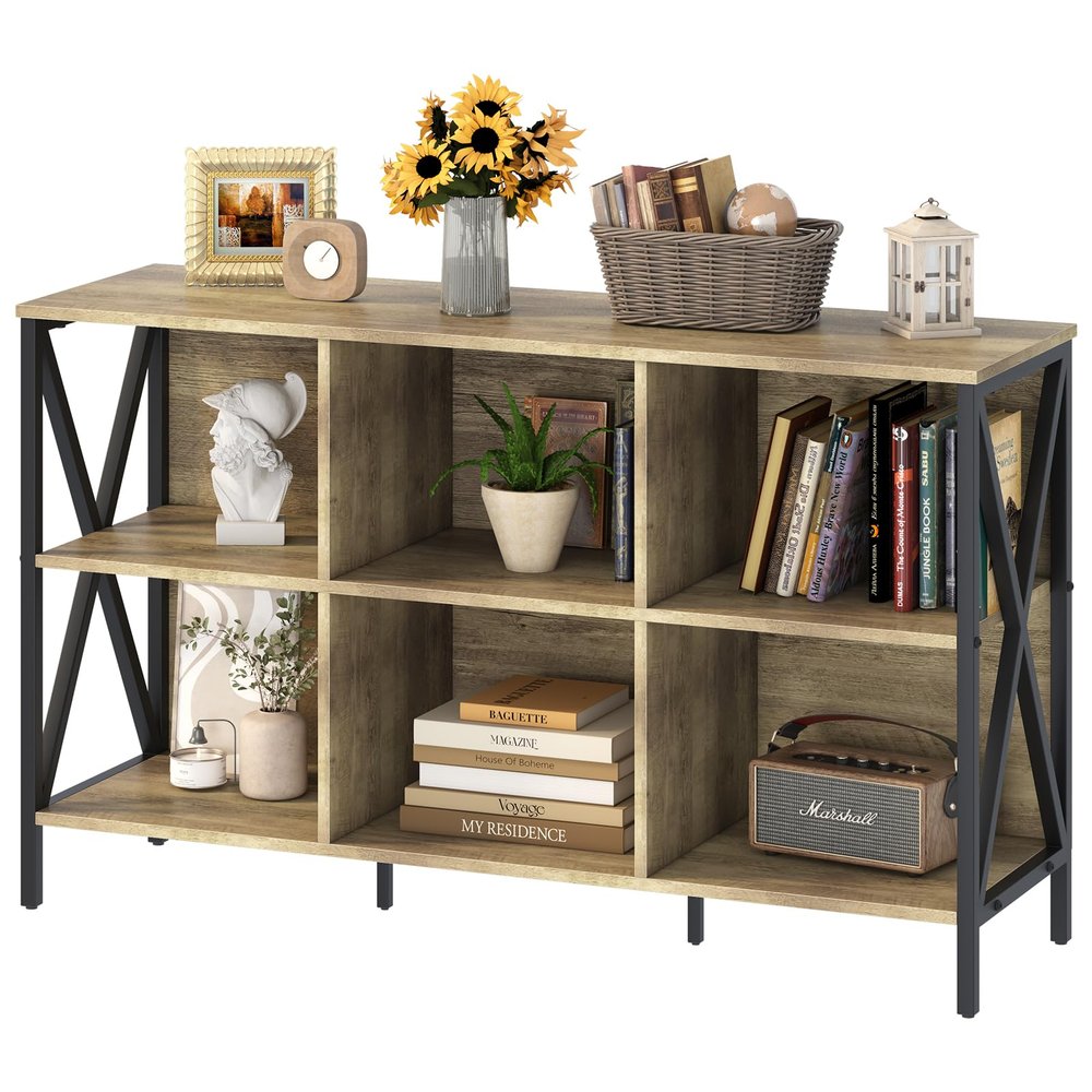 Horizontal Bookshelf Bookcase,6 Cube Storage Organizer with Open Shelf,47 Inch Industrial Low Wide Wood and Metal Cubby shelf,Long shelving unit for Home Office Living Room(Rustic Oak,6 Cube)