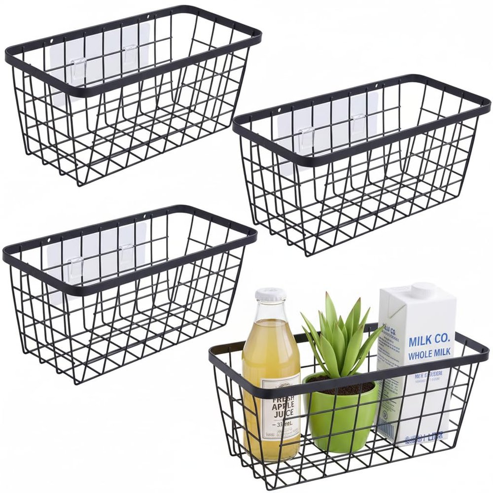 4 set Hanging Wall Basket Organizer,Over the Cabinet Door Wire Baskets for Organizing -Space-Saving Hanging Baskets for Organizing,Wall Mount Storage,No Drilling Adhesive Wall Storage Basket, Black
