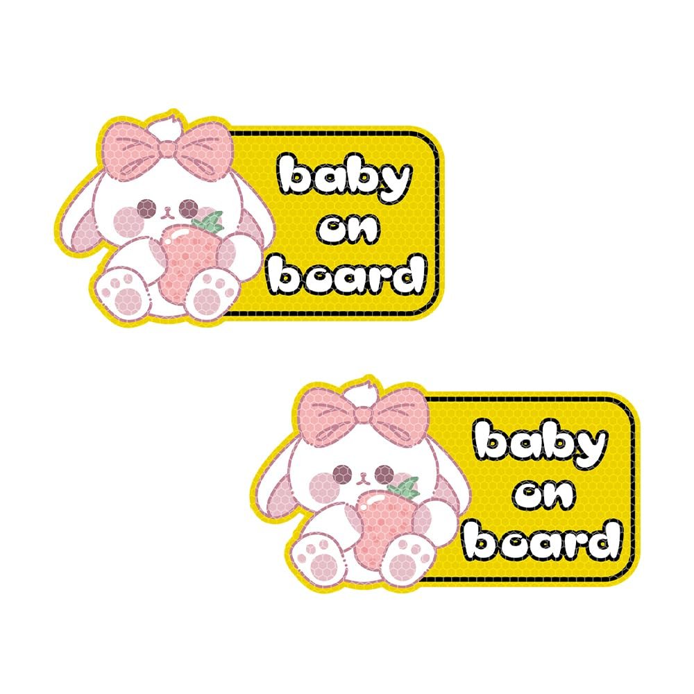 Nouiroy Funny Baby On Board Car Sticker and Decal-2 Pcs Cute Rabbit Baby in Car Decal Reflective Vinyl Sticker for Cars Window Bumper Baby Safety Warning Sign Sticker (Strawberry Rabbit, Yellow)