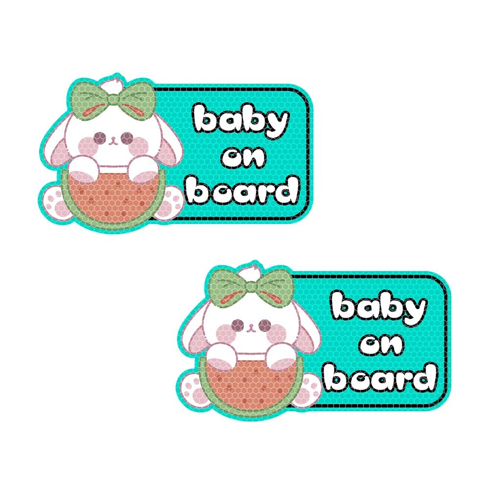Nouiroy Funny Baby On Board Car Sticker and Decal-2 Pcs Cute Rabbit Baby in Car Decal Reflective Vinyl Sticker for Cars Window Bumper Baby Safety Warning Sign Sticker (Watermelon Rabbit, Mint Green)
