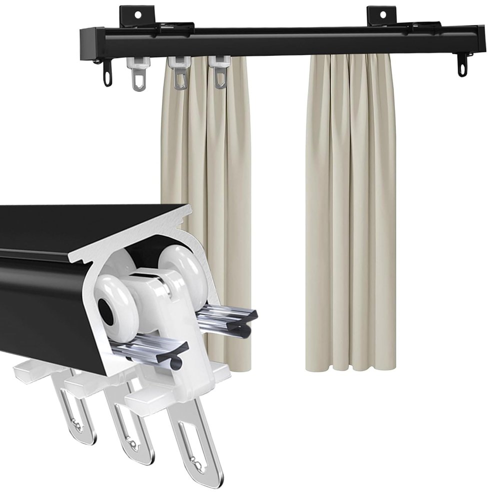 Ceiling Track Set for Curtains, Ceiling Curtain Track, Curtain Track Ceiling Wall Black Mounted, Heavy Duty 2m Sliding Shower Curtain Rail, Room Divider, can Be Used in Windows, Bedrooms (Color : Bla