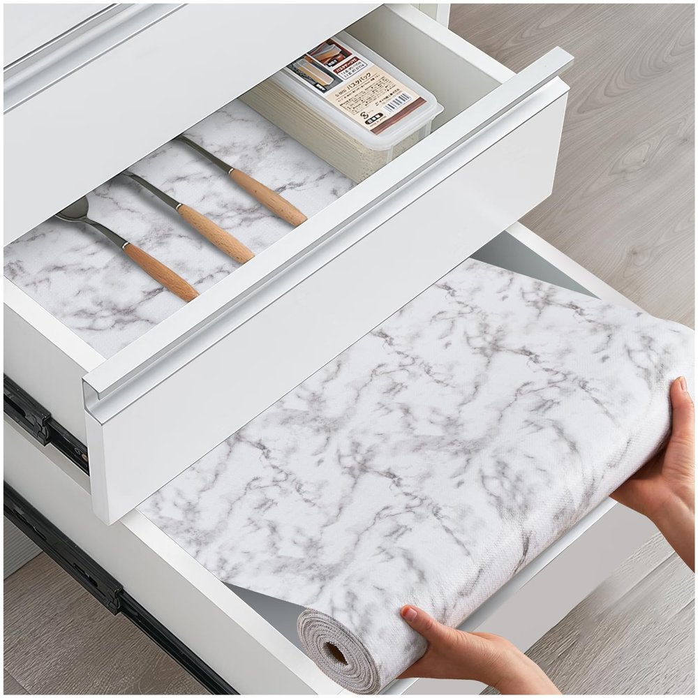 ALIUNI Drawer and Shelf Liner, Non-Slip Kitchen Cabinet Liners Non-Adhesive Thick Strong Grip Waterproof Washable Mats Protect Dresser Shelves Cupboard Bathroom Cabinets, White Marble, 12 in X 30 FT