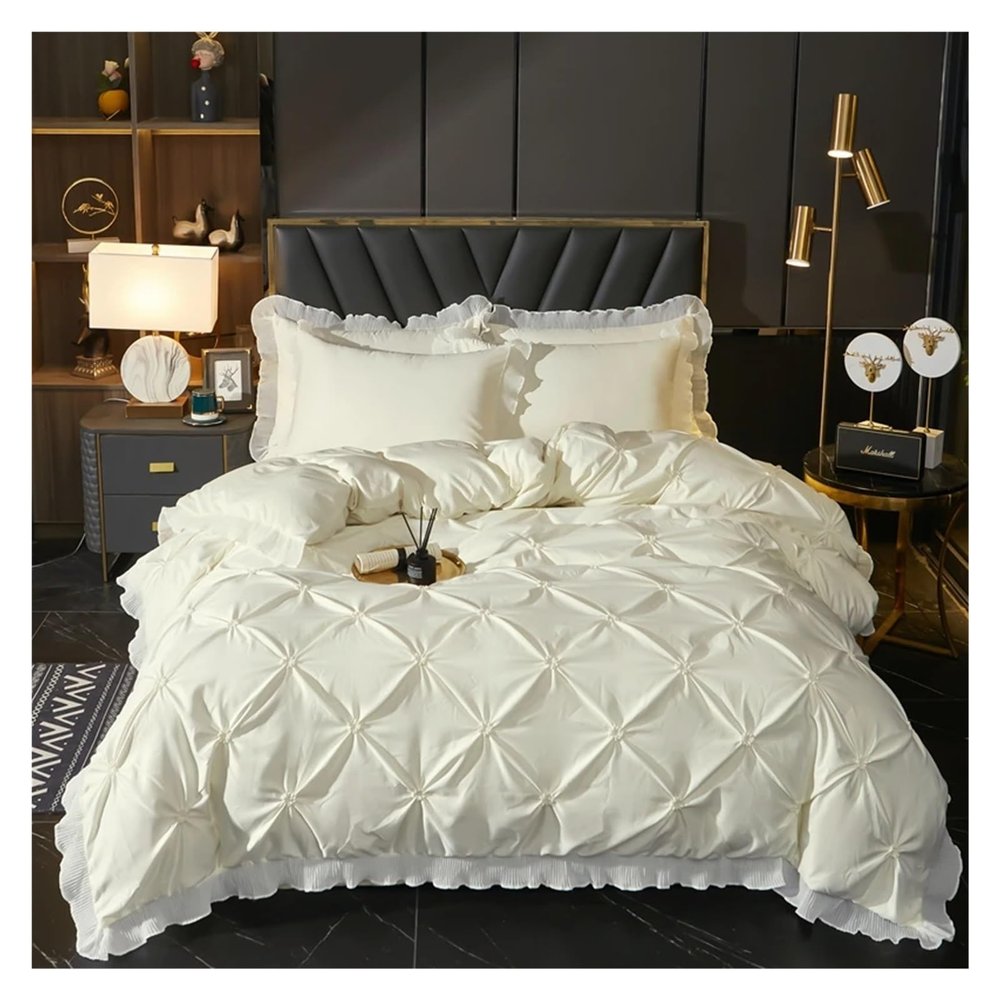 QuKan Bed, Luxury Bedding Sets, Lace Duvet Cover Pillow Cases, Solid Color Sheet Sets