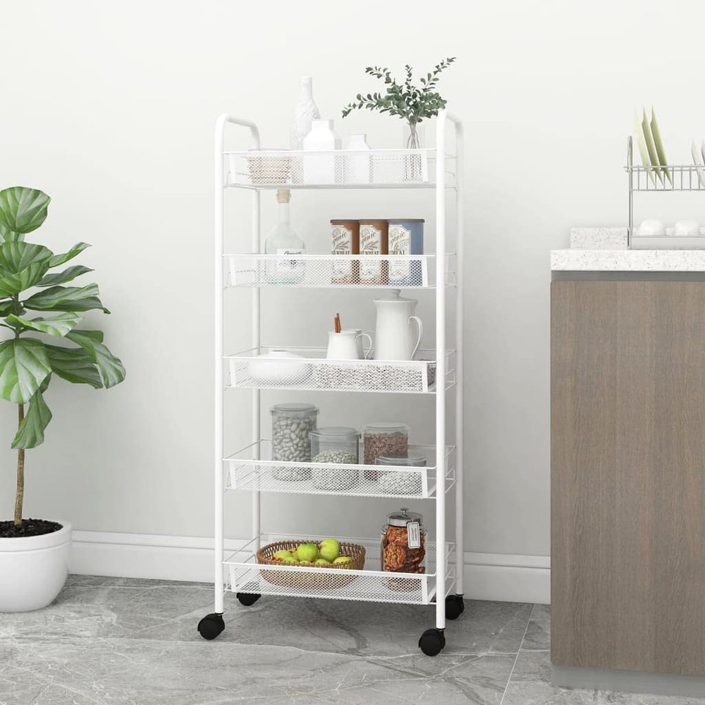 Gecheer 5-Tier Kitchen Trolley, White Iron Cart with Removable Mesh Baskets, 18.1x10.2x41.3 Inches for Organizing Kitchen, Bathroom, Office
