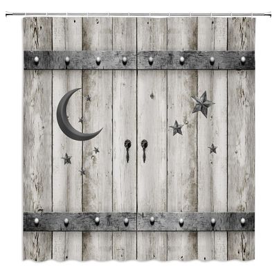ZWSMZW Rustic Wooden Board Shower Curtain Old Barn Door Moon Star Vintage Western Country Farmhouse Retro Rural Garage Plank Bathroom Decor Fabric Curtains with Hooks