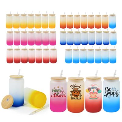 AGH 50 Pack Frosted Glass Sublimation Tumbler, 16 OZ Sublimation Cans Gradient 6 Color Beer Drinking Cups with Bamboo Lid & Plastic Straw, Coffee Cup, Water Bottle for Juice, Soda