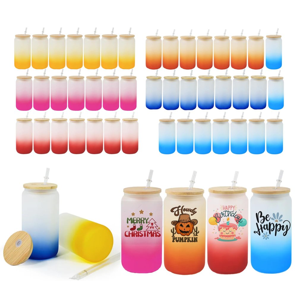 AGH 50 Pack Frosted Glass Sublimation Tumbler, 16 OZ Sublimation Cans Gradient 6 Color Beer Drinking Cups with Bamboo Lid & Plastic Straw, Coffee Cup, Water Bottle for Juice, Soda