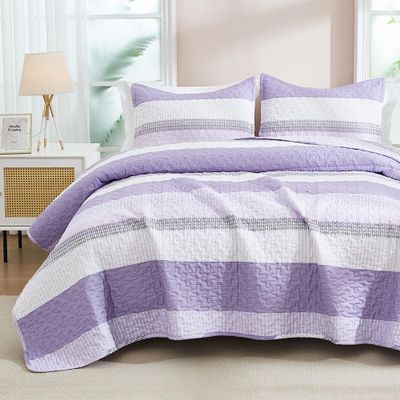 Andency Queen Quilt Bedding Set Lavender, 3 Pieces Patchwork Purple Striped Ultra Soft Lightweight Bedspreads, Coverlets Set with 2 Pillow Shams for All Seasons (90"x96")