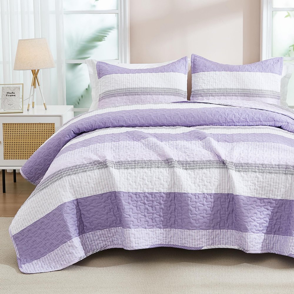 Andency Queen Quilt Bedding Set Lavender, 3 Pieces Patchwork Purple Striped Ultra Soft Lightweight Bedspreads, Coverlets Set with 2 Pillow Shams for All Seasons (90"x96")