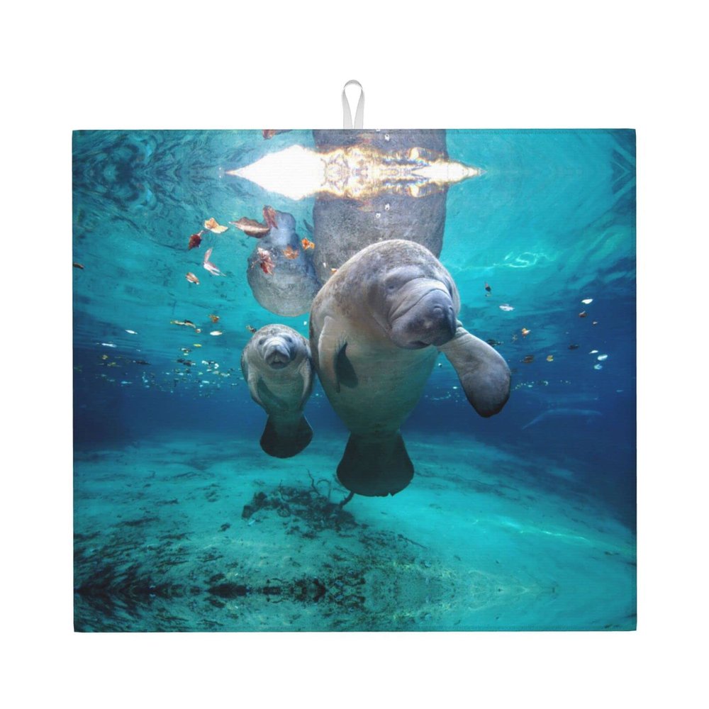 Amazwi West Indian Manatees Dish Drying Mat For Kitchen Counter,Ultra-Absorbent Dish Drainer Mat Kitchen Decor Drying Pad