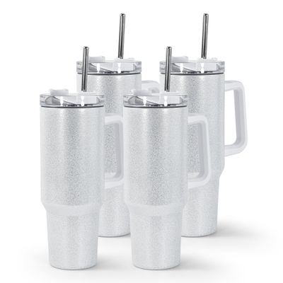 AGH 4 Pack 40 oz Sublimation Glitter White Tumblers with Stainless Steel Straw and Lid, Insulated Double Wall Vacuum Reusable Cups with handle, Travel Mug for Party,Home,Driving,Office