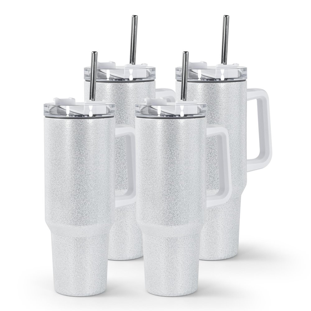 AGH 4 Pack 40 oz Sublimation Glitter White Tumblers with Stainless Steel Straw and Lid, Insulated Double Wall Vacuum Reusable Cups with handle, Travel Mug for Party,Home,Driving,Office