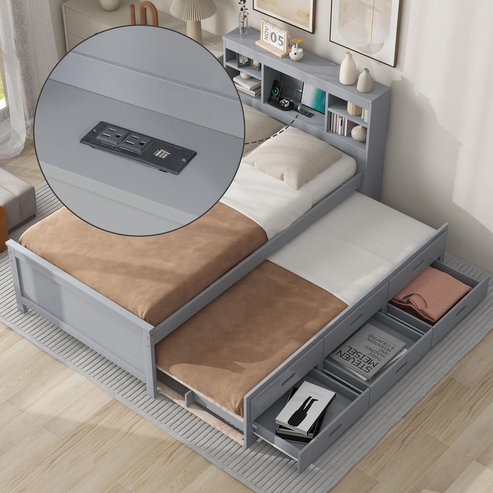 Merax Platform Bed, Twin Size Wooden Bed Frame with Twin Size Trundle, 3 Drawers, Storage Shelf, and USB Charging Ports, Wood Slat Support, No Box Spring Needed, Easy Assembly, Grey