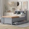 Merax Platform Bed, Twin Size Wooden Bed Frame with Twin Size Trundle, 3 Drawers, Storage Shelf, and USB Charging Ports, Wood Slat Support, No Box Spring Needed, Easy Assembly, Grey view 4