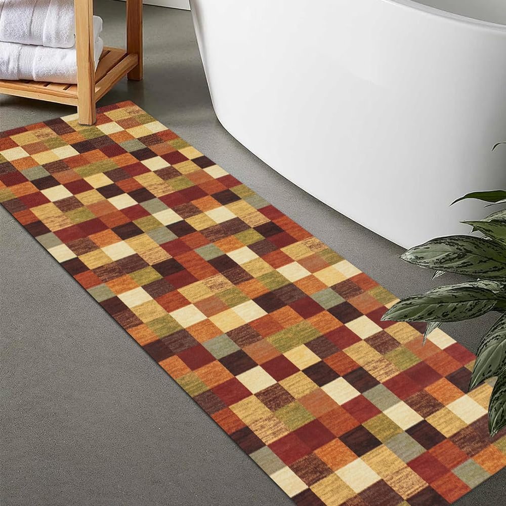 LITA-Bath Rug Custom Size-Rubber Non Slip Quick Dry Super Absorbent Thin Rugs Fit Under Door-Washable Bathroom Floor Mats for in Front of Bathtub,Shower Room,Sink, Rainbow Square, 3' x 15'