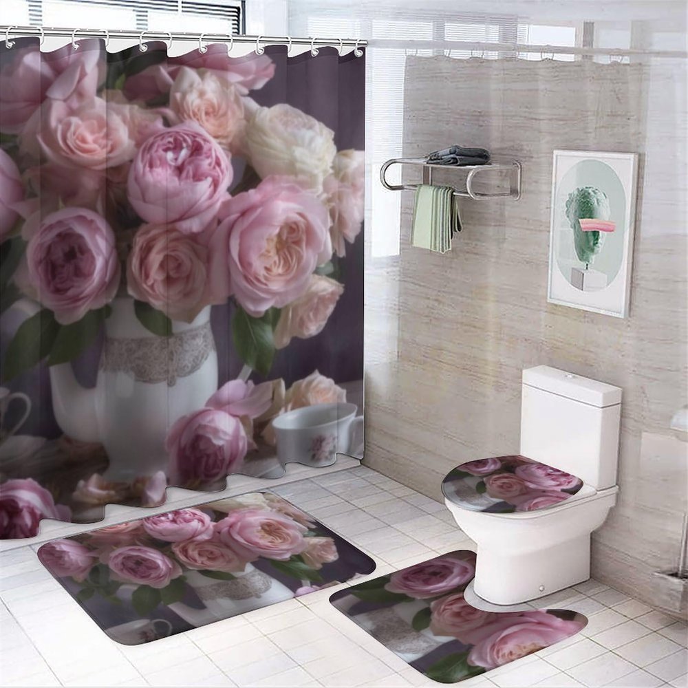 KUYT 4 Pcs Bathroom Shower Curtain Set,Bathroom Sets with Rugs (Bath Mat,U Shape and Toilet Lid Cover Mat), Pink Rose Bathroom Decor Set