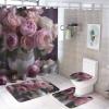 KUYT 4 Pcs Bathroom Shower Curtain Set,Bathroom Sets with Rugs (Bath Mat,U Shape and Toilet Lid Cover Mat), Pink Rose Bathroom Decor Set view 1