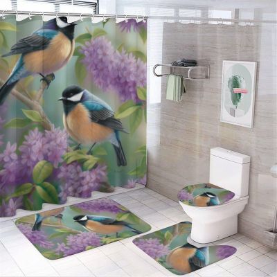 KUYT 4 Pcs Bathroom Shower Curtain Set,Bathroom Sets with Rugs (Bath Mat,U Shape and Toilet Lid Cover Mat), Chickadees Lilacs Bathroom Decor Set