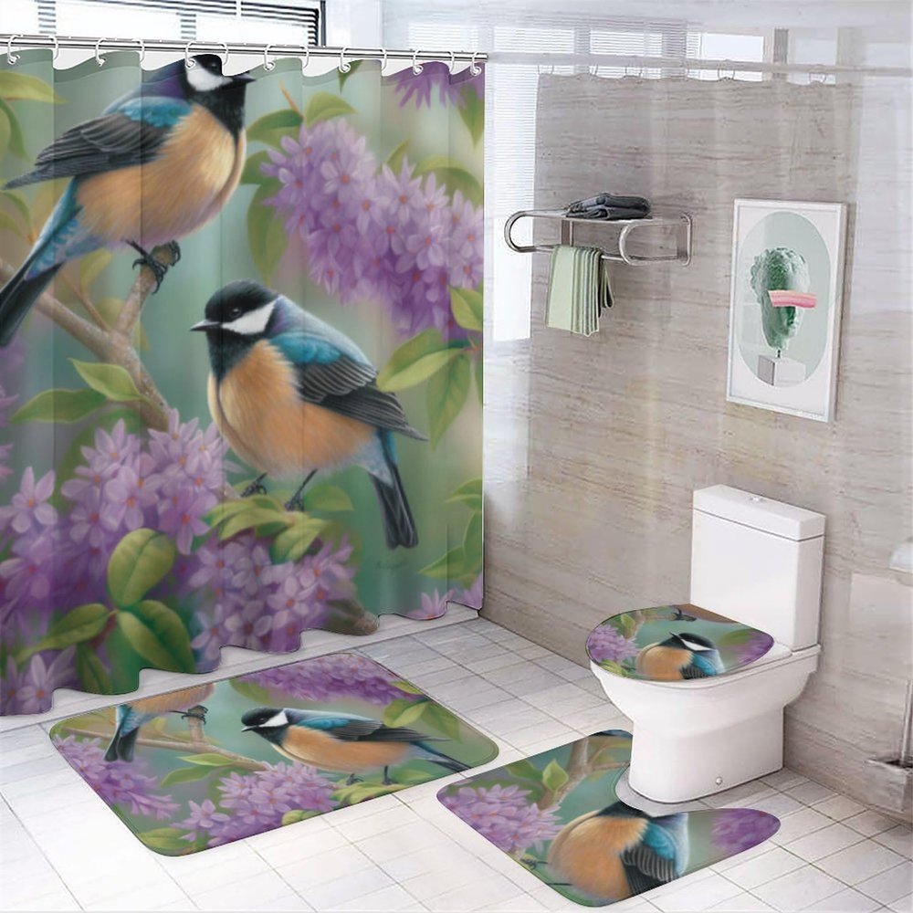 KUYT 4 Pcs Bathroom Shower Curtain Set,Bathroom Sets with Rugs (Bath Mat,U Shape and Toilet Lid Cover Mat), Chickadees Lilacs Bathroom Decor Set
