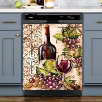 Vineyard Dishwasher Magnet Rustic Wine Bottle Dishwasher Cover, Red Wine Bottle for Refrigerator Magnet Grape Decal, Red Wine Fridge Door, Farmhouse Home Appliances Panels Stickers 23" Wx 26" H