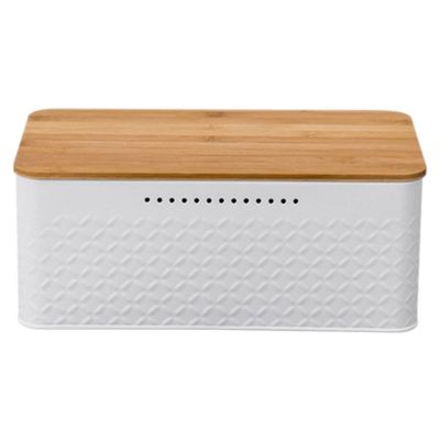 ABOOFAN Metal Bread Box Farmhouse Bread Bin With Bamboo Lid Vintage Iron Bread Bins Retro Storage Holder Food Keepers Container for Countertop Kitchen Dining White