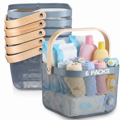 Roshtia Blue Metal Wire Storage Basket with Wooden Handle, Decorative Organizer Bin for Bathroom, Nursery, Pantry Shelf, Kitchen Counter, Spa Gift Basket Container, 9.65 Inch