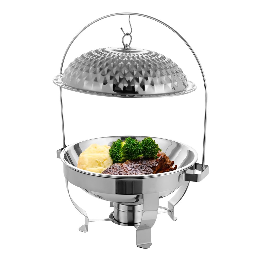 Gagalayong Celebrations Cookware Collection 6.3-Quart Heavy Gauge Stainless Steel Round Chafing Dish Set with Roll Top Lid for Entertaining & Catering (Silver) (Silver)