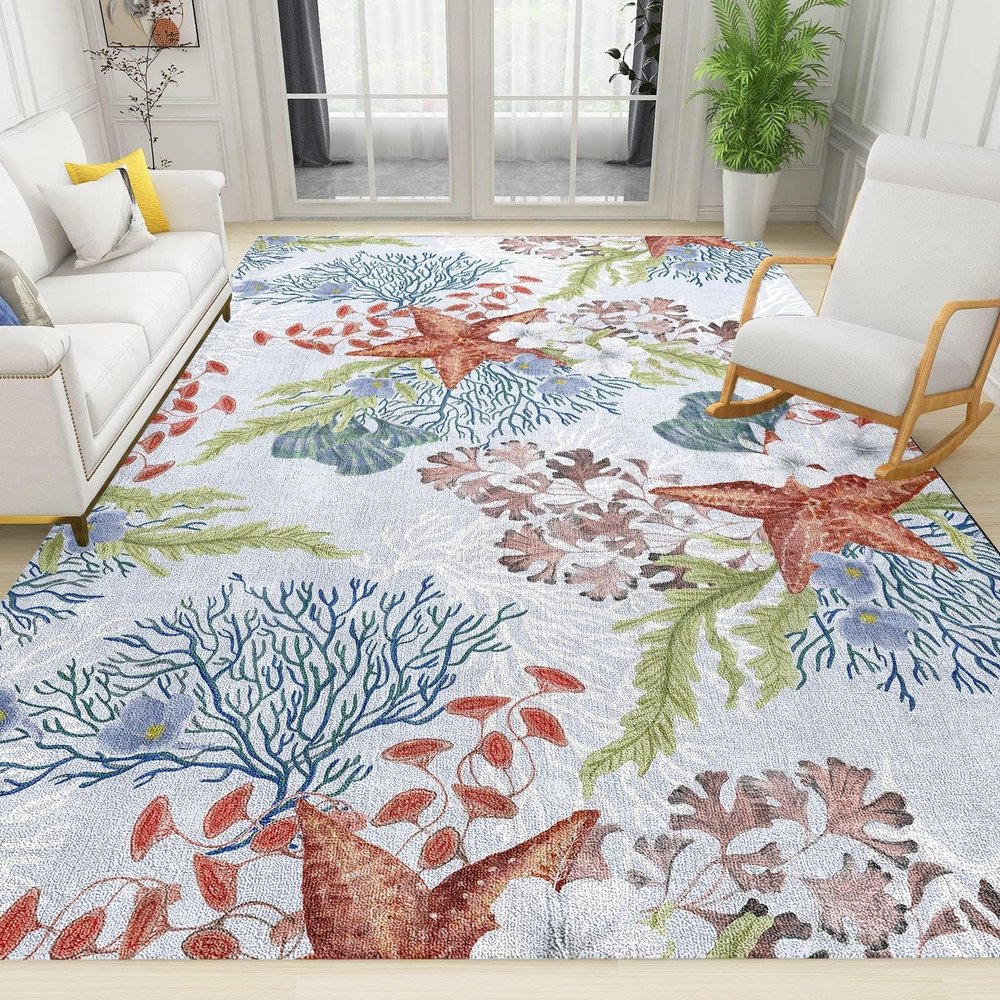 Starfish Coral Seaweed Kids Area Rug, Cartoon Abstract Art Rugs, Anti-Slip Washable Low Pile Easy Clean Thin Absorbent Carpet for Living Room Bedroom Entryway Hallway Nursery-6x8ft