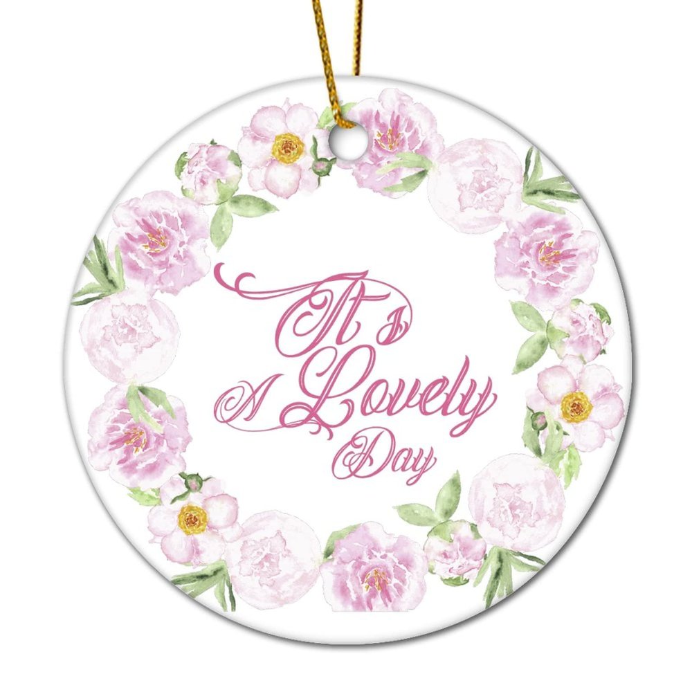 DOREENABE It's A Lovely Day with Floral Wreath Christmas Tree Ornaments 2023 Ceramic,Double Sided,Love,Family Love Gifts,Elegant Flower Wreath