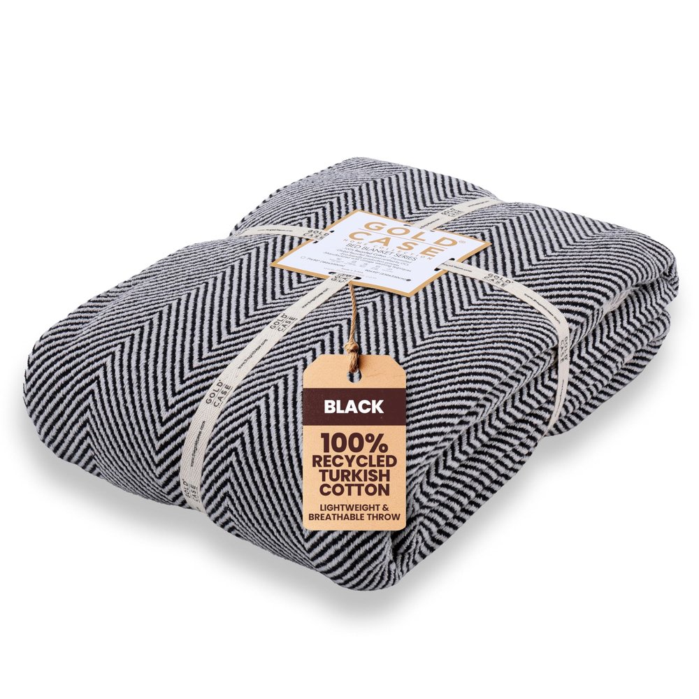 Gold Case Throw Blanket for Bed - 100% Recycled Turkish Cotton Blanket - Elegant Lightweight Soft Throw Blankets for Bed & Living Room - Twin Size Cozy Blankets - 71x90 - Black
