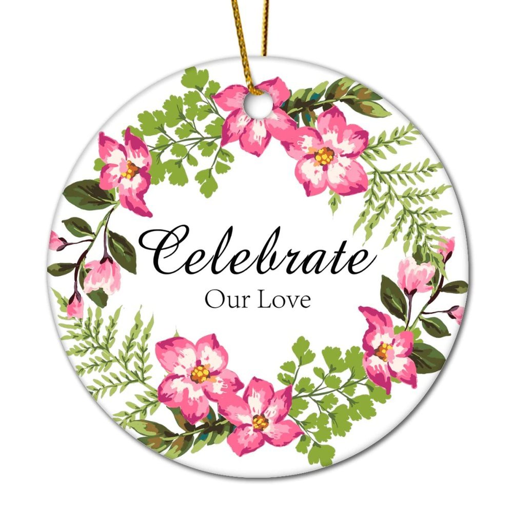 DOREENABE Celebrate Our Love Floral Wreath Christmas Tree Ornaments 2023 Ceramic,Double Sided,Elegant Flower Wreath,Family Love Gifts,Love