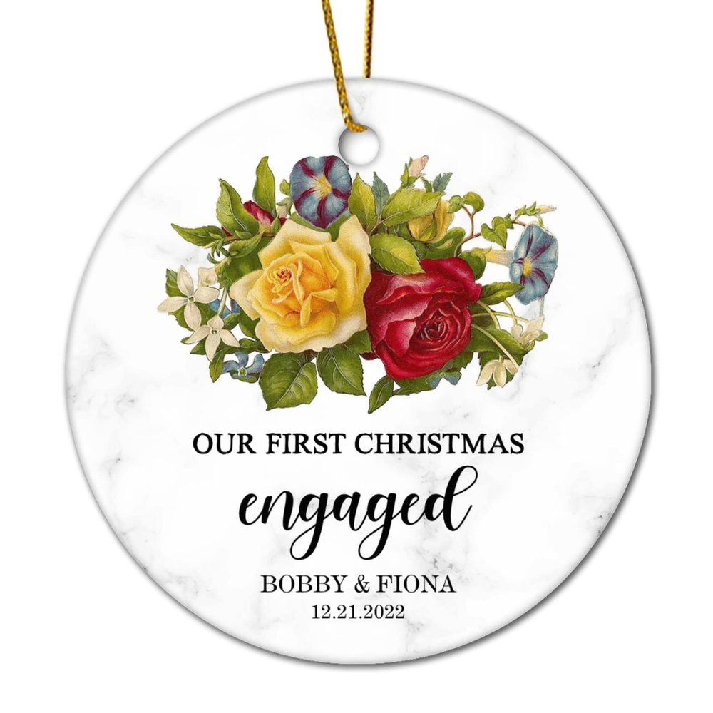 DOREENABE Elegant Floral Our First Christmas Engaged Personalized with Name and Date Ornament 2023 Ceramic,Engagement Date Keepsake New Engaged Gift for Her Wife Husband