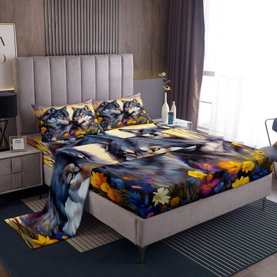 Wolf Kids Sheet Queen Size,Daisy Flowers Watercolor Hand-Painted Bedding Set,Boys Girls Men Room Decor,Wild Animals Hunting Cabin Rustic Farmhouse Bed Sheet Set 4pcs(Fitted + Flat + 2 Pillowcases)