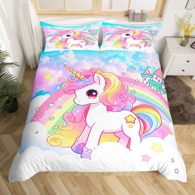 Cute Unicorn Kids Duvet Cover Set Full Size,Rainbow Stars Cloud Dreamy Bedding Set,Girls Women Room Decor,Cartoon Animals Castle Girly Comforter Cover,Pink Blue Unique Quilt Cover,2 Pillowcases