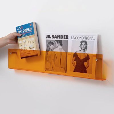 CMYUN Long Office Magazine Rack Acrylic - Wall Mount Newspaper Book Magazine Storage Holder Stands, Clear Wall Display Rack with Fitting, 60/80/120cm (Color : Orange, Size : 120cm(47 1/4"))