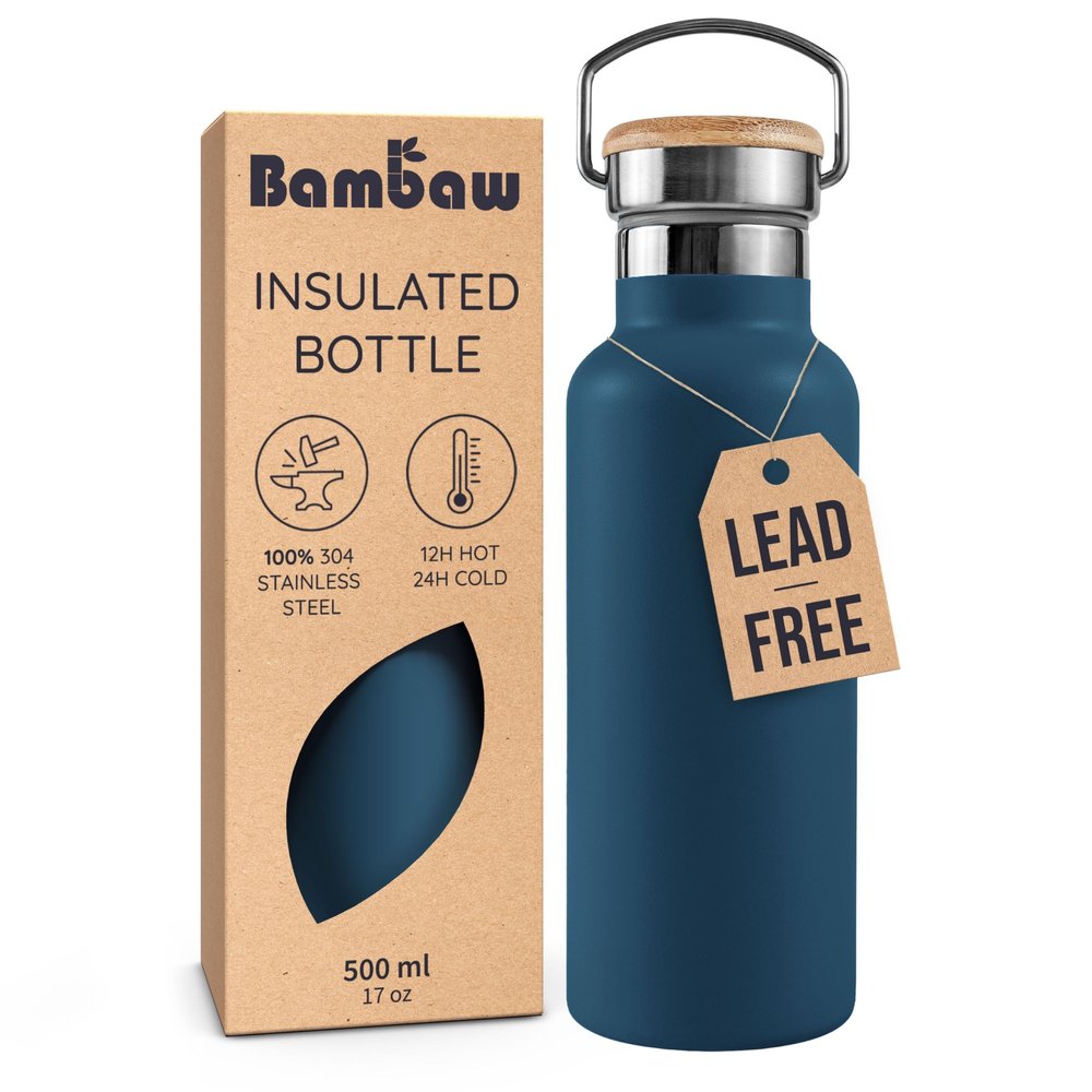 Bambaw Insulated Water Bottle 16 oz, Blue Water Bottle Stainless Steel, Reusable Water Bottle Dishwasher Safe, Stainless Steel Water Bottle Insulated  Aegean Blue