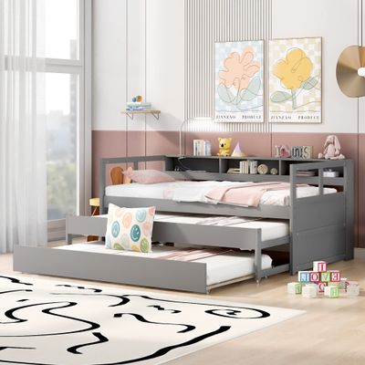 YOPTO Twin XL Wood Daybed with 2 Trundles, 3 Storage Cubbies, 1 Light for Free and USB Charging Design, for Bedroom/Living Apartment/Guest-Room,Gray