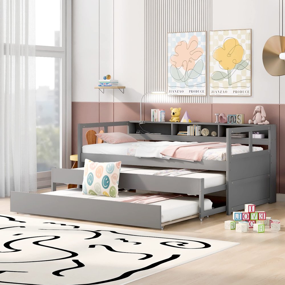 YOPTO Twin XL Wood Daybed with 2 Trundles, 3 Storage Cubbies, 1 Light for Free and USB Charging Design, for Bedroom/Living Apartment/Guest-Room,Gray