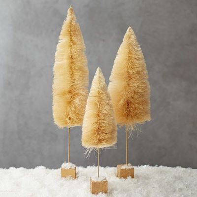Set of 3 Vintage Cream Bottle Brush Trees with Gold Wood Base - Bleached Sisal Winter Pinetrees Holiday Set for Christmas Decorations for Retro, Farmhouse or Modern Decor (12", 16" & 19" H)