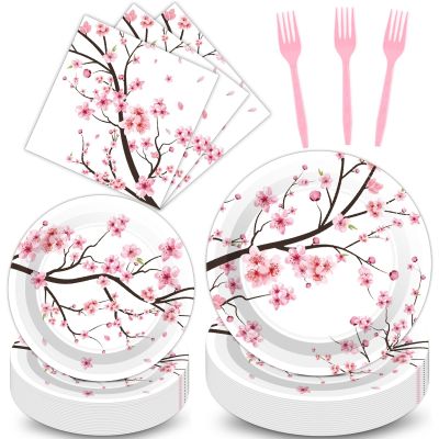 Qyeahkj 100 PCS Cherry Blossom Party Supplies Set Cherry Blossom Plates and Napkins Japanese Disposable Paper Party Tableware Forks Packs Decorations for Hibachi Spring Birthday Decoration Serve 25