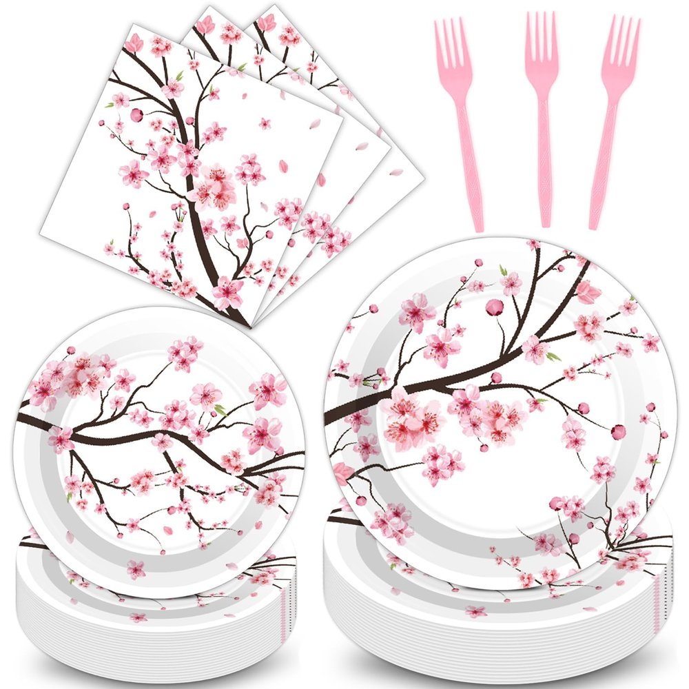 Qyeahkj 100 PCS Cherry Blossom Party Supplies Set Cherry Blossom Plates and Napkins Japanese Disposable Paper Party Tableware Forks Packs Decorations for Hibachi Spring Birthday Decoration Serve 25