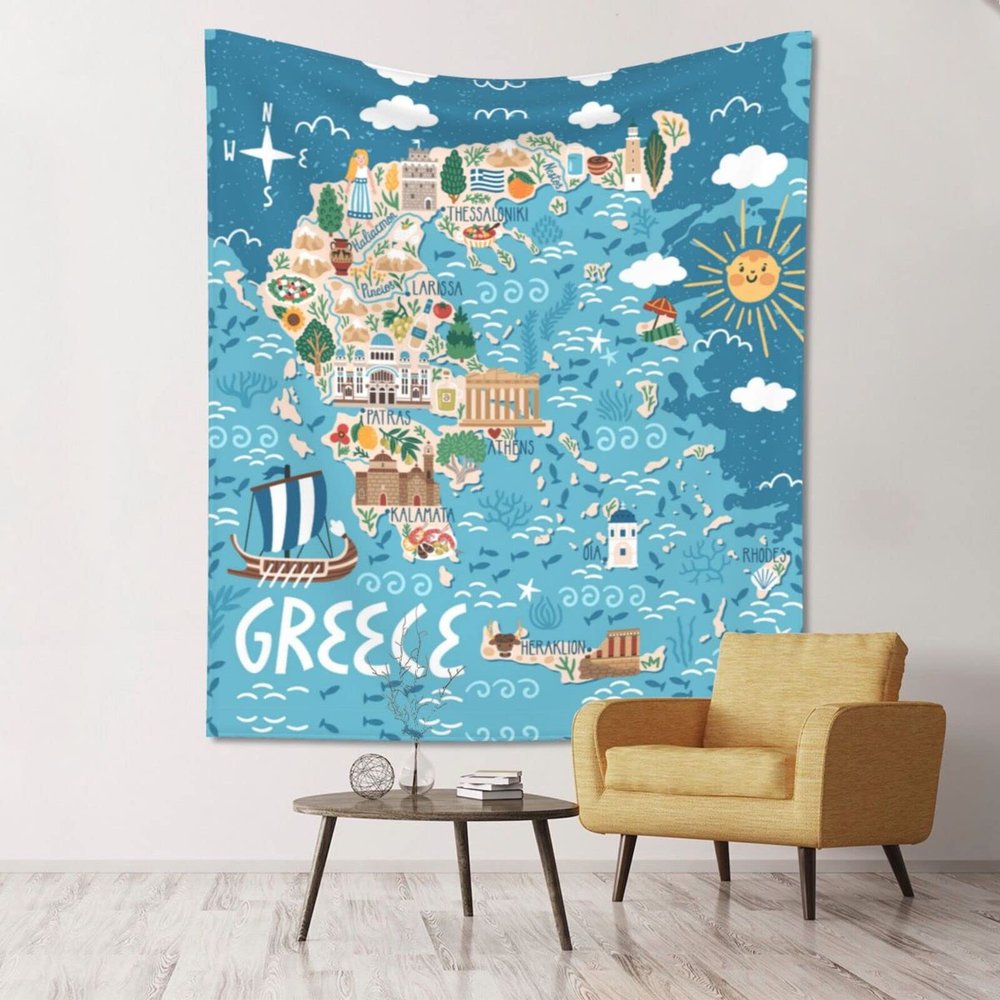 AMAZWI Greece Map Tapestries,Aesthetic Tapastrys Wall Hanging For Bedroom Living Room Dorm,Home Decor Tapestry