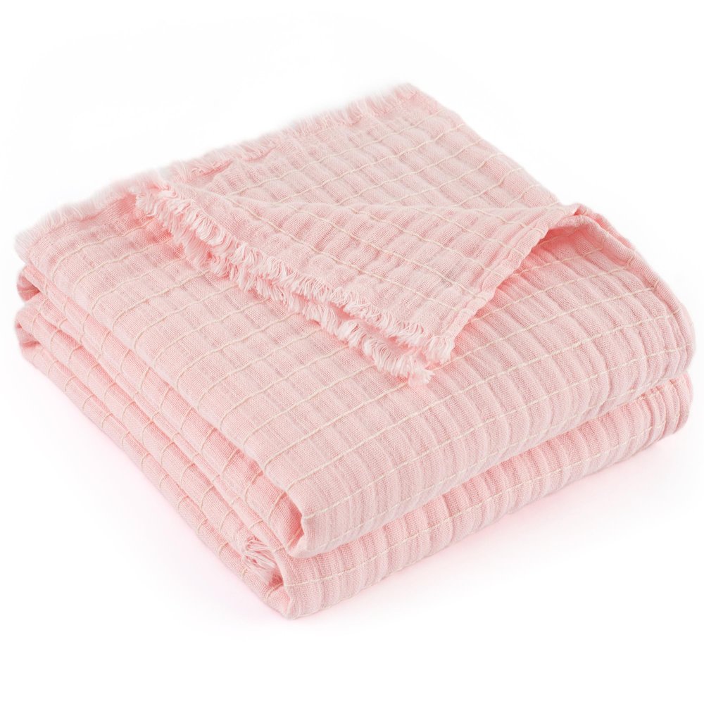 GINAMUSE 100% Cotton Muslin King Size Throw Blanket for Bed Gauze Fall Blankets Lightweight Soft Cozy Breathable Summer Throws for Adults All Seasons Use,108"x90" Pink